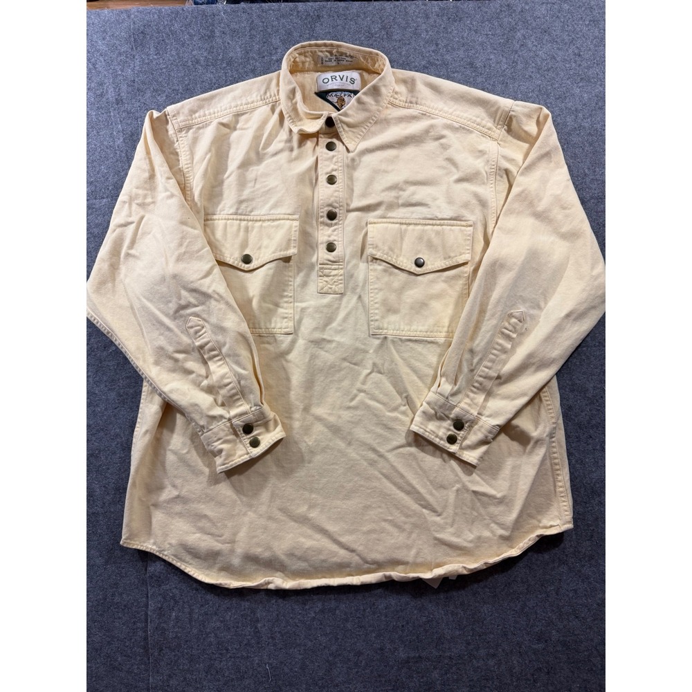 VTG Orvis Malpai Pullover Shirt Mens L Yellow Cotton Heavyweight Canvas Flannel